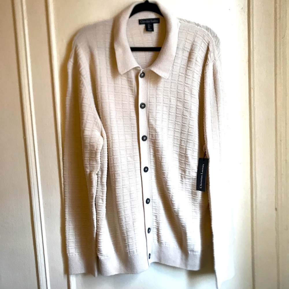 Christian Lacroix Checkered Knit Button Down Sweater Cream Men’s NWT